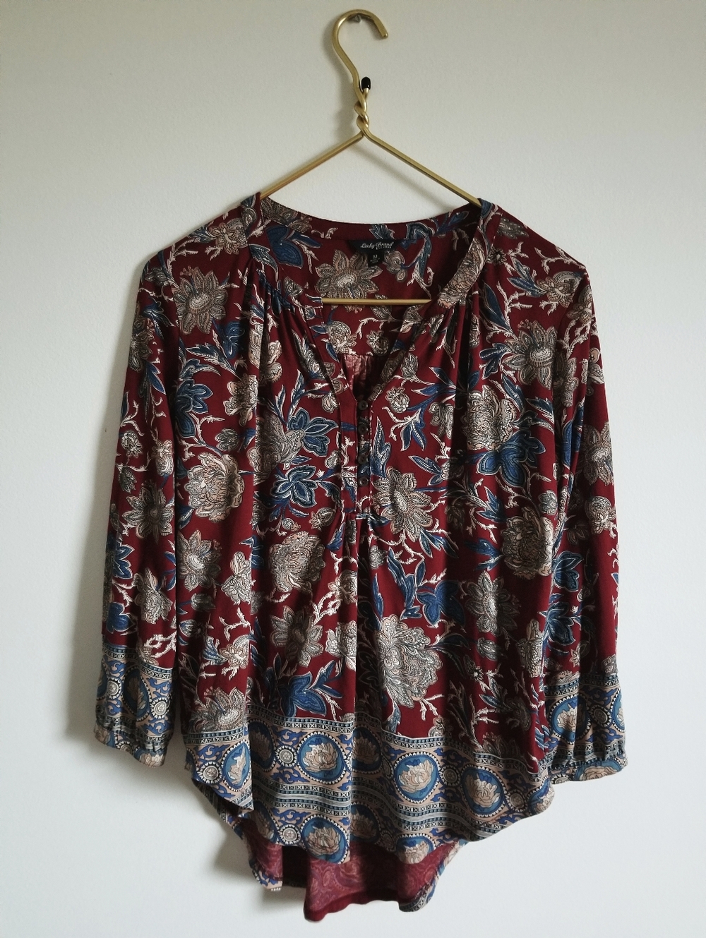 Lucky Brand Burgundy Floral Henley Blouse with Blue Accents Size M